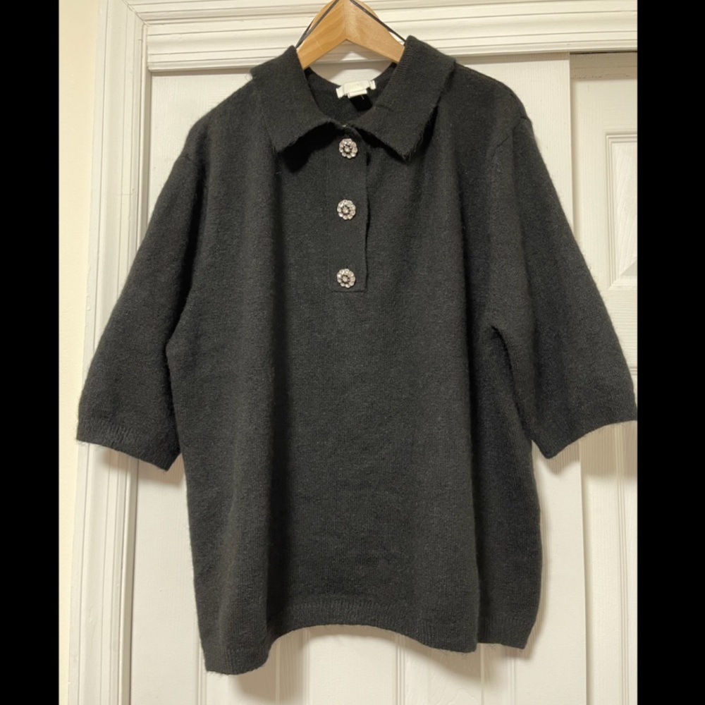 Black Knit Short Sleeve with Jewel Buttons